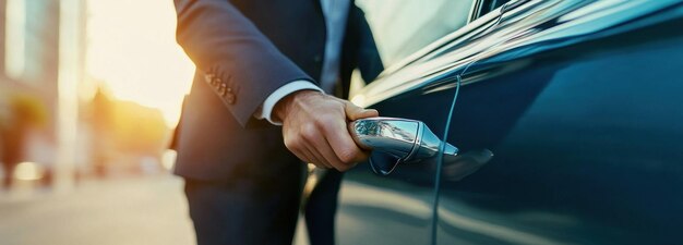 Photo man in suit opening car door in city setting