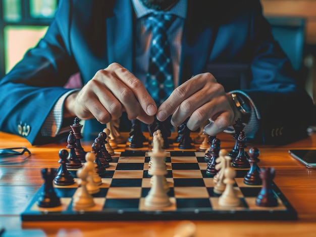 man in suit playing chess