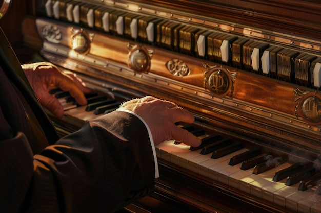 A man in a suit playing a grand piano Suitable for music or elegant event concepts