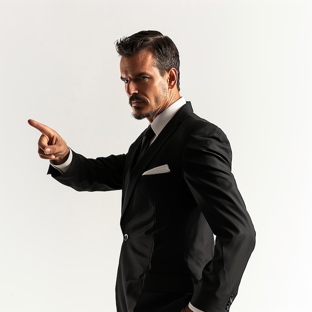 a man in a suit pointing at a finger pointing to the side