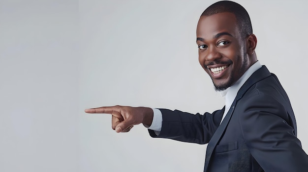 a man in a suit pointing to the left with his right hand pointing to the left