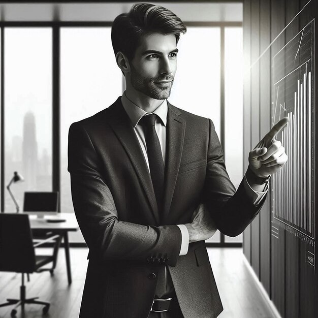 a man in a suit pointing to a screen