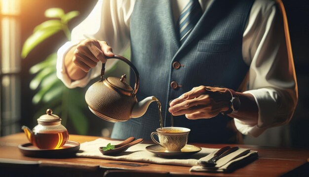 Photo a man in a suit pours tea from a golden teapot into a porcelain cup the scene is set in a warm inviting room with natural light streaming in through the window