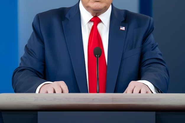 Photo a man in a suit and a red tie is giving a speech