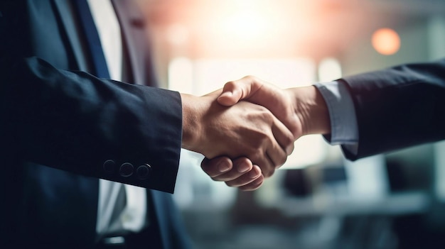 A man in a suit shakes hands with another man in a suit.