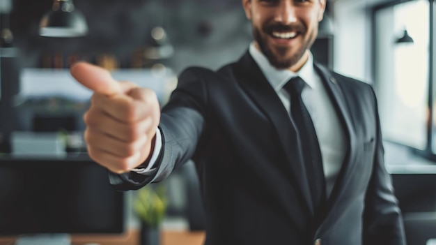 a man in a suit shows the thumbs up