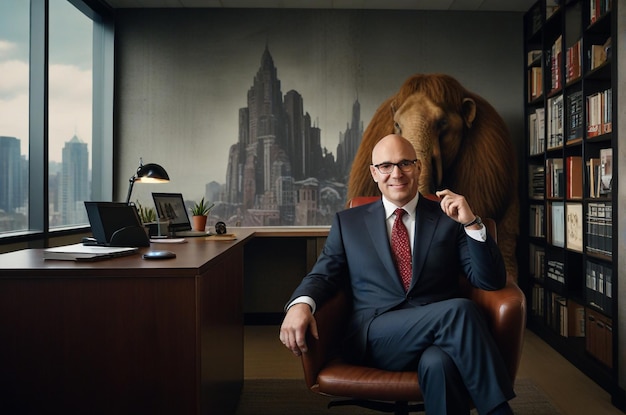 a man in a suit sits in a chair in front of a picture of a lion