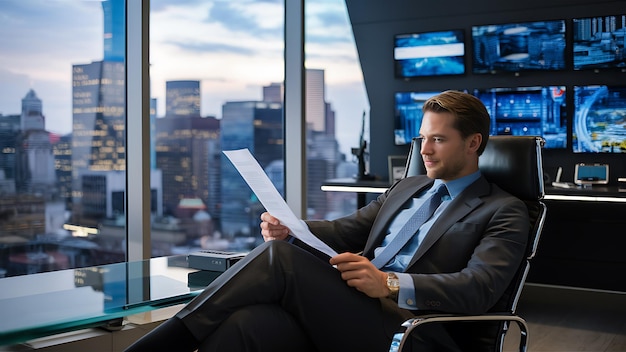 A man in a suit sits in a chair in front of a window reading a book