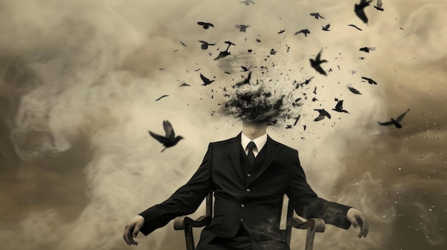 Photo a man in a suit sits in a chair with his head exploding into birds