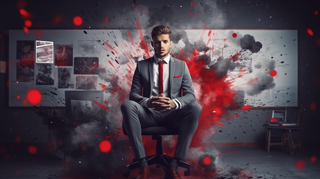 A man in a suit sits in a chair with a red splash and the words'boss'on it