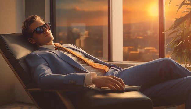 A man in a suit sits in a chair with the sun setting behind him