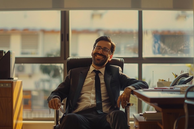 a man in a suit sits in a chair with a window behind him