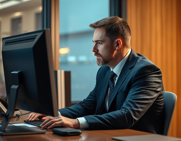 a man in a suit sits at a computer with a monitor behind him