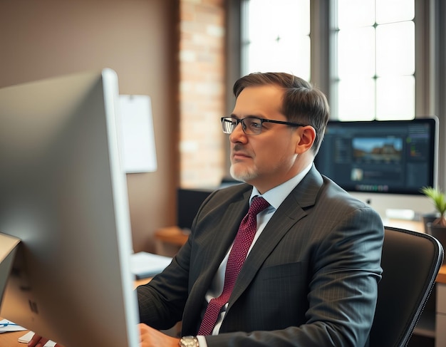 a man in a suit sits at a computer with a watch on his wrist