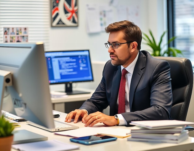 a man in a suit sits at a desk in front of a computer monitor