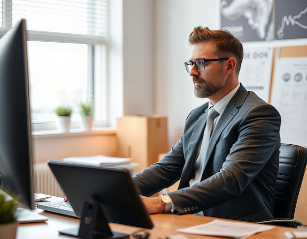 a man in a suit sits at a desk in front of a laptop