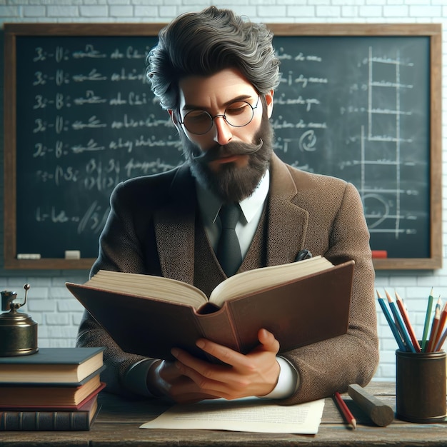 A man in a suit sits at a desk with a book in front of him