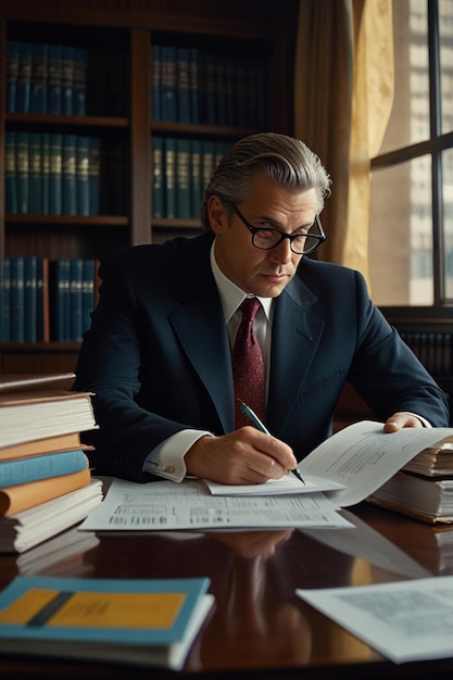 a man in a suit sits at a desk with a book titled quot the company quot