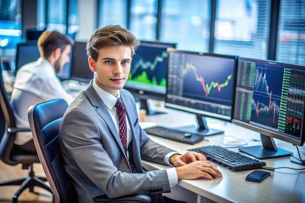 a man in a suit sits at a desk with a computer and a graph showing on the screen