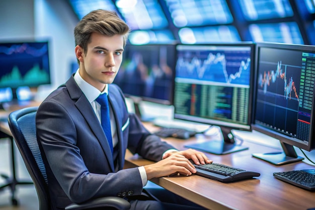 Photo a man in a suit sits at a desk with a computer monitor in the background