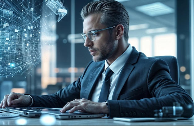 a man in a suit sits at a desk with a computer and a monitor behind him