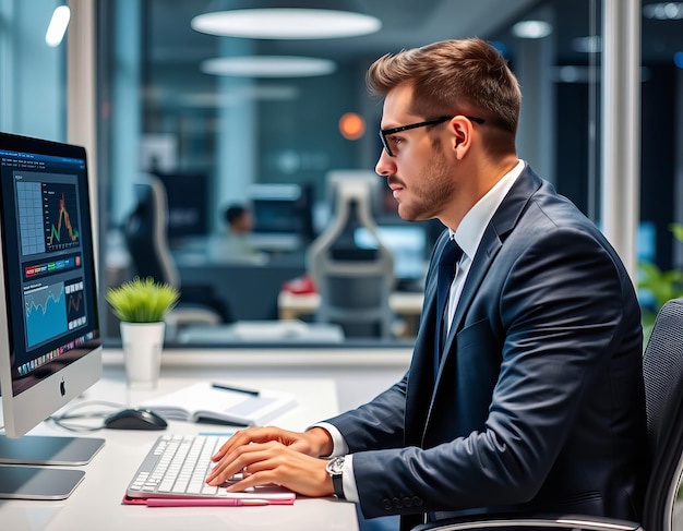 a man in a suit sits at a desk with a computer and a monitor showing a man with glasses