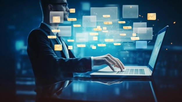 A man in a suit sits at a desk with a laptop in front of a screen that says'cyber security '