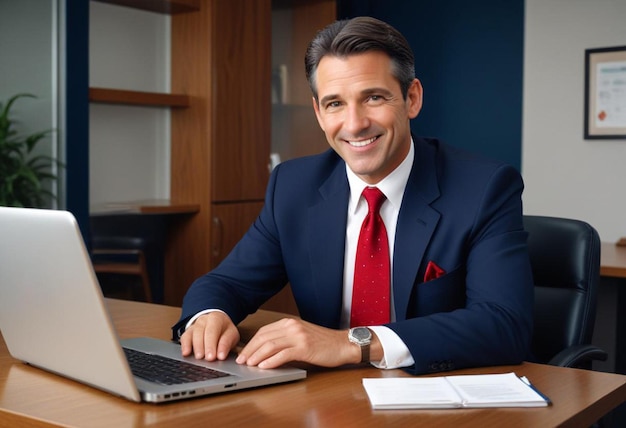 a man in a suit sits at a desk with a laptop and a laptop