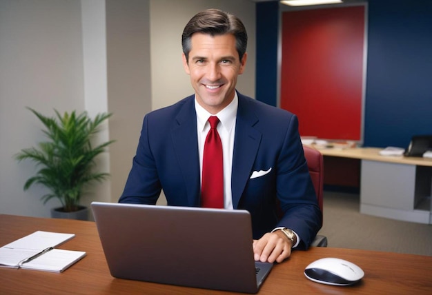 a man in a suit sits at a desk with a laptop and mouse