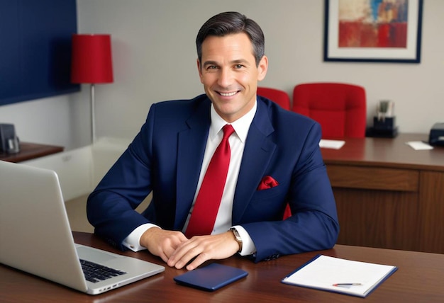 a man in a suit sits at a desk with a laptop and a pen and paper