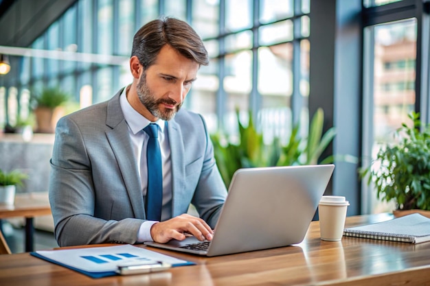 Photo a man in a suit sits at a desk with a laptop