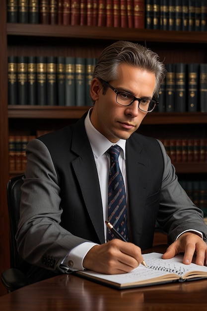 Photo a man in a suit sits at a desk with many books