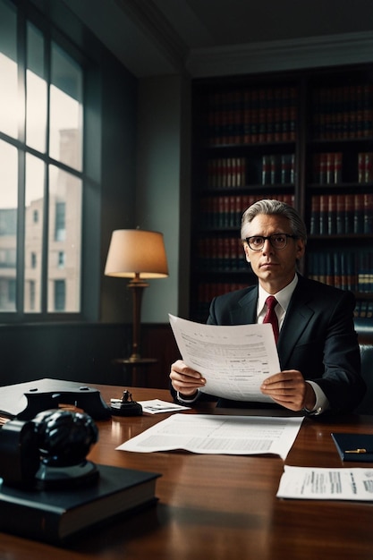 a man in a suit sits at a desk with a paper in front of him