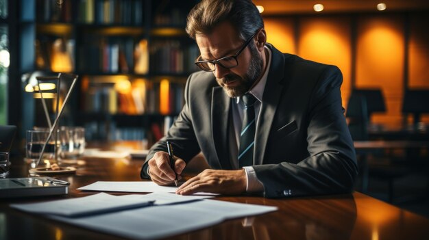 Photo a man in a suit sits at a desk with a pen in his hand and a pen in front of him