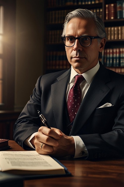 a man in a suit sits at a desk with a pen in his hand and a pen in front of him