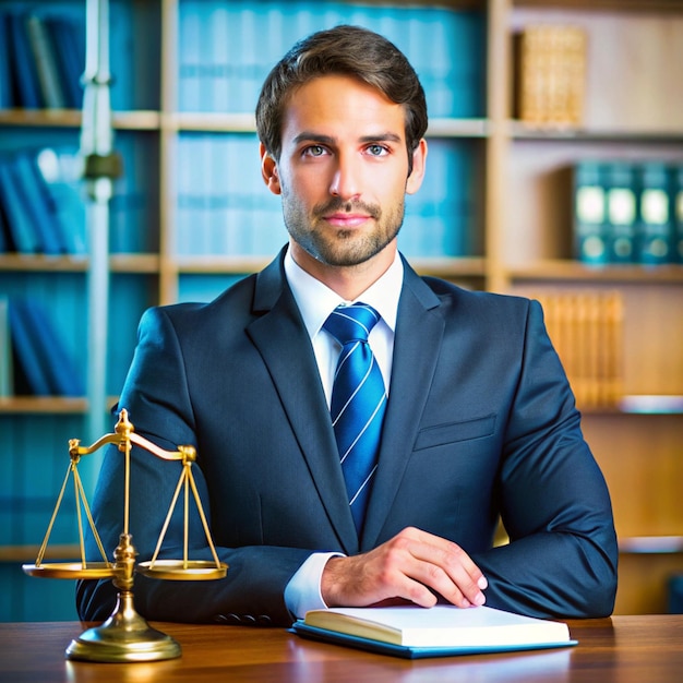 a man in a suit sits at a desk with a scale in front of him