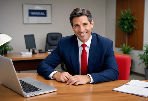 a man in a suit sits at a desk with a sign that says quot brochure quot