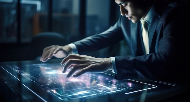 A man in a suit sits at a desk with a touch screen that says'smart'on it