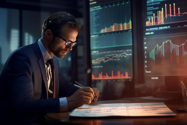 a man in a suit sits at a desk and writes on a paper with graphs and charts.