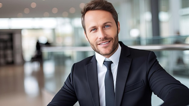 A man in a suit sits in front of a glass wall and smiles at the camera.