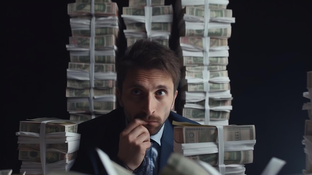 A man in a suit sits in front of stacks of money.