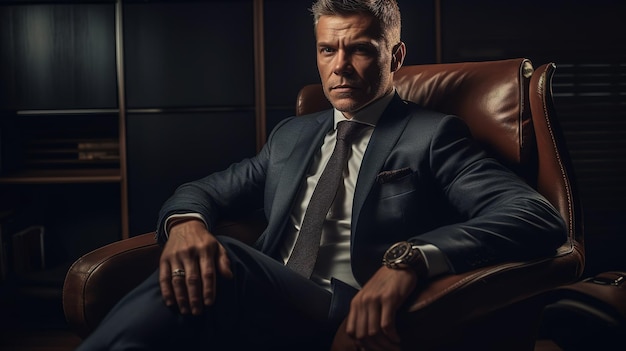 A man in a suit sits in a leather chair, wearing a watch and a watch.