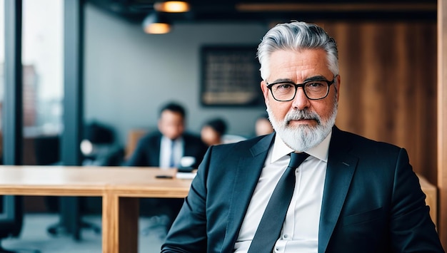 A man in a suit sits in a meeting room.