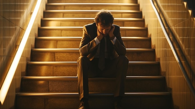 A man in a suit sits on stairs with his head in his hands reflecting stress or despair illuminated by warm lighting