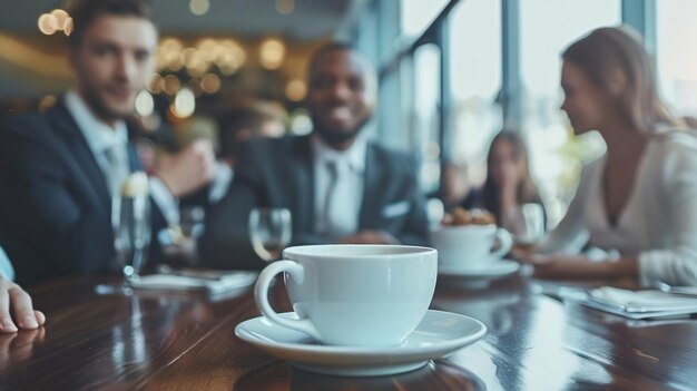 a man in a suit sits at a table with coffee cups and a woman in the background