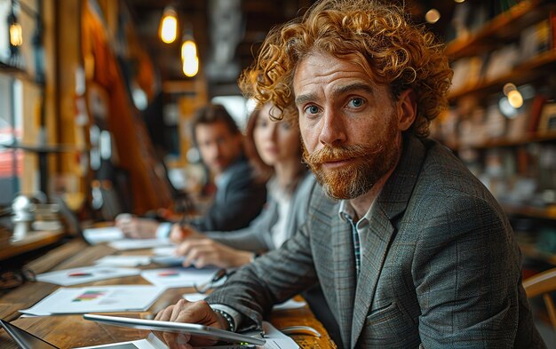 a man in a suit sits at a table with a laptop and papers on it