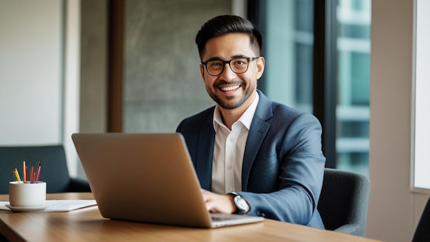 a man in a suit sits at a table with a laptop and smiling