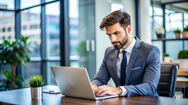 Photo a man in a suit sits at a table with a laptop