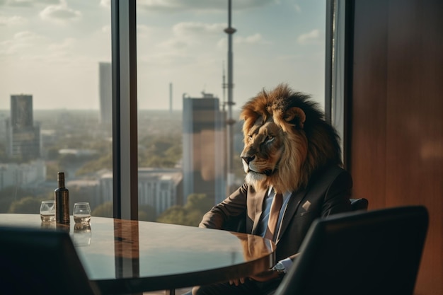 A man in a suit sits at a table with a lion head on it.