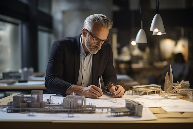 a man in a suit sits at a table with a model of a building in the background